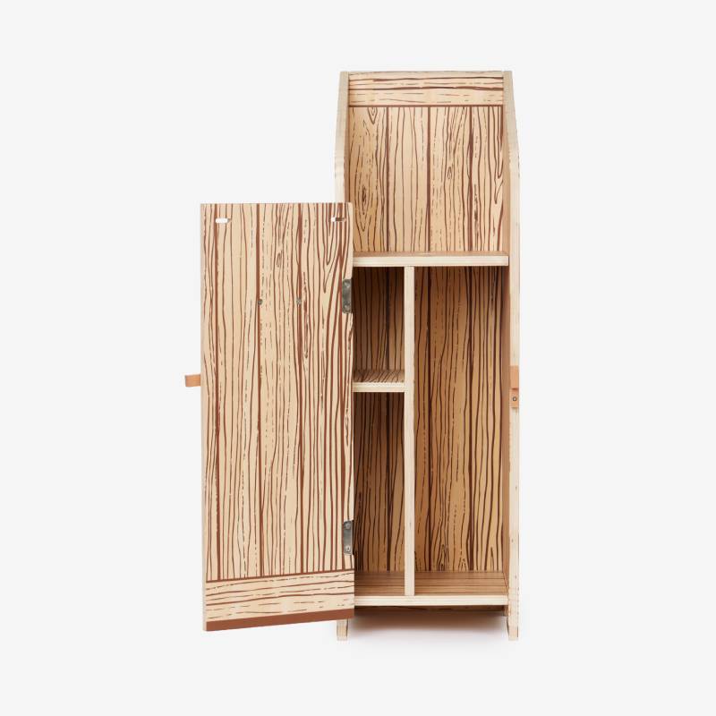 LeMieux Hobby Horse Stable Wooden with open doors showing shelves and visible wood grain.