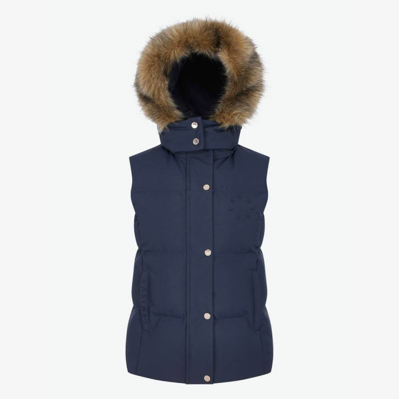 LeMieux Margot Hooded Gilet Navy: sleeveless, fur-trimmed hood, front snaps.