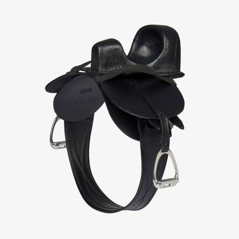 LeMieux Toy Rider Steady Saddle Black: a mini leather saddle with metal stirrups for play.