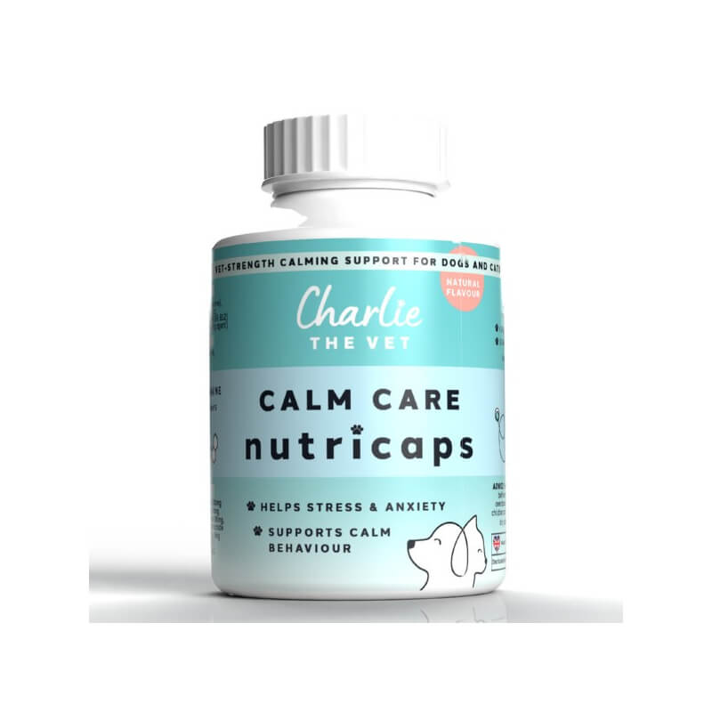 Charlie The Vet Calm Care Nutricaps 50 Capsules reduces stress in dogs and cats.