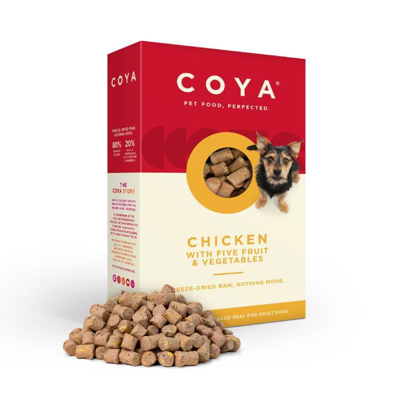 A box of Coya Adult Dog Food Chicken, showing kibble and a dog on the Coya-branded packaging.