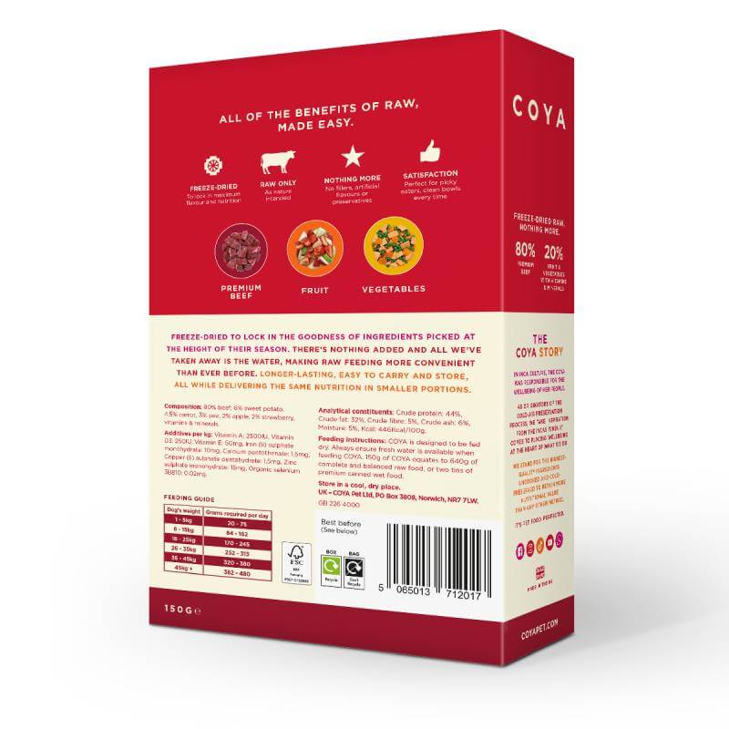 Back of COYA Adult Dog Food Beef box with ingredients, benefits, and feeding guide shown.