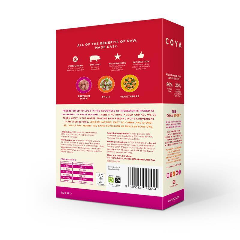 Back of Coya Adult Dog Food Pork box with benefits, ingredients & complete food info for dogs.