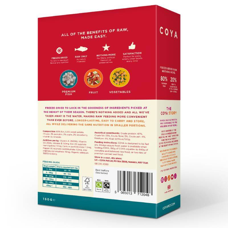 Red and white Coya Adult Dog Food Fish box with text, icons, and ingredients on the back.