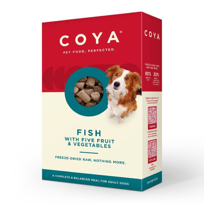 Coya Adult Dog Food Fish, freeze dried, box features a dog and kibble pieces on the front.