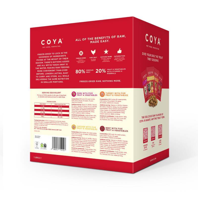 Coya Adult Multipack 1.8kg red and white box with freeze-dried raw dog food for adults.