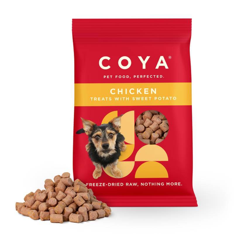 Coya Adult Dog Treats Chicken 40g with sweet potato and kibble pieces in front.