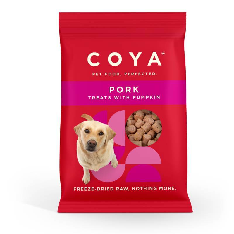 Coya Adult Dog Treats Pork 40g in a red bag, featuring a dog and treats on the front.