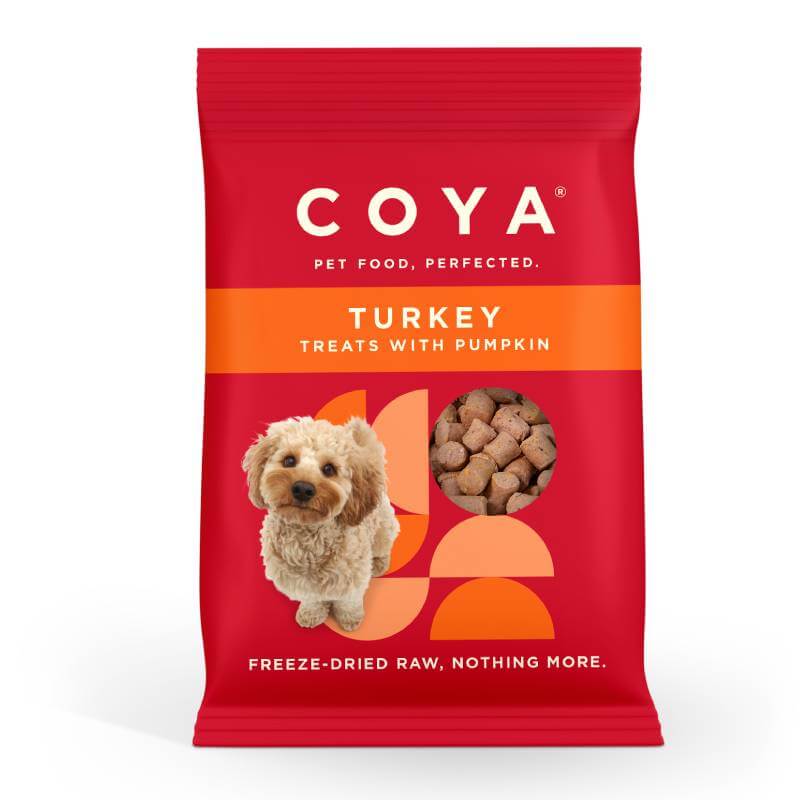 Coya Adult Dog Treats Turkey 40g, red bag with a small dog and pumpkin-shaped treats.