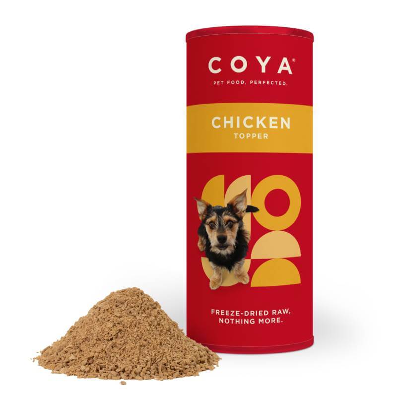 Coya Adult Dog Topper Chicken 50g—brown powder for adult dogs in a red container.