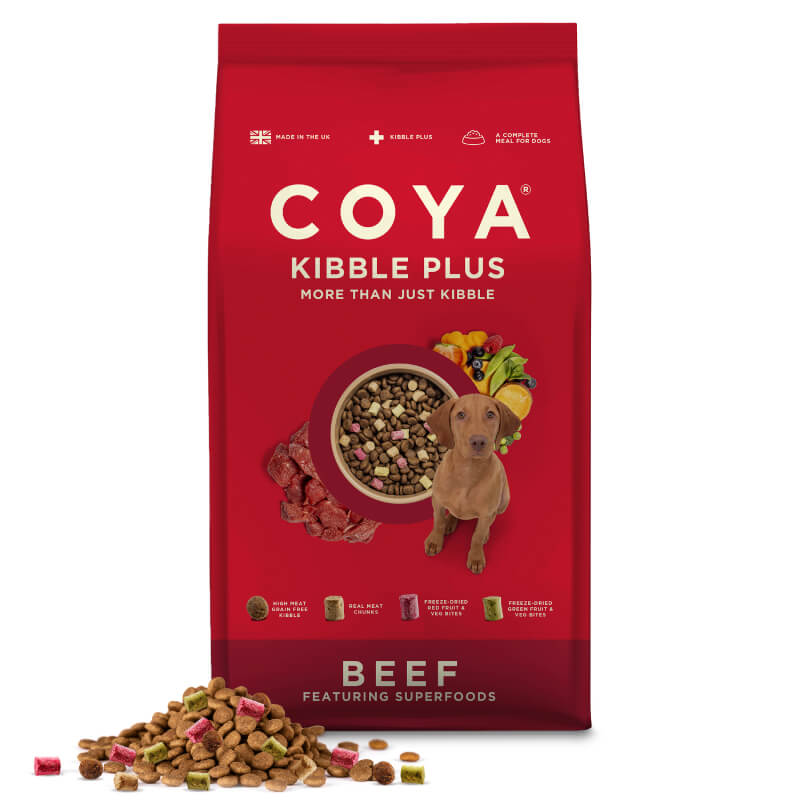Coya Kibble Plus Adult Dog Food Beef 1.5kg in a red bag with kibble on the packaging.