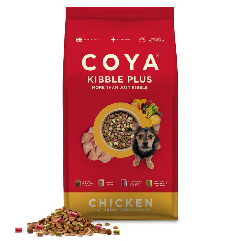 Red bag of Coya Kibble Plus Adult Dog Food Chicken 1.5kg with assorted kibble on front.