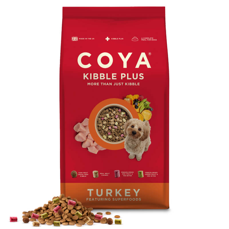 Coya Kibble Plus Adult Dog Food Turkey 1.5kg, by Coya, with kibble and a small dog on the front.