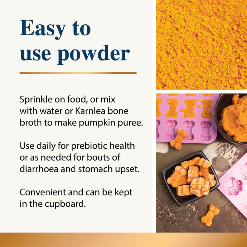 Karnlea Pumpkin Powder for Dogs—easy-use, bone treat molds, prebiotic fiber boost, 200g.