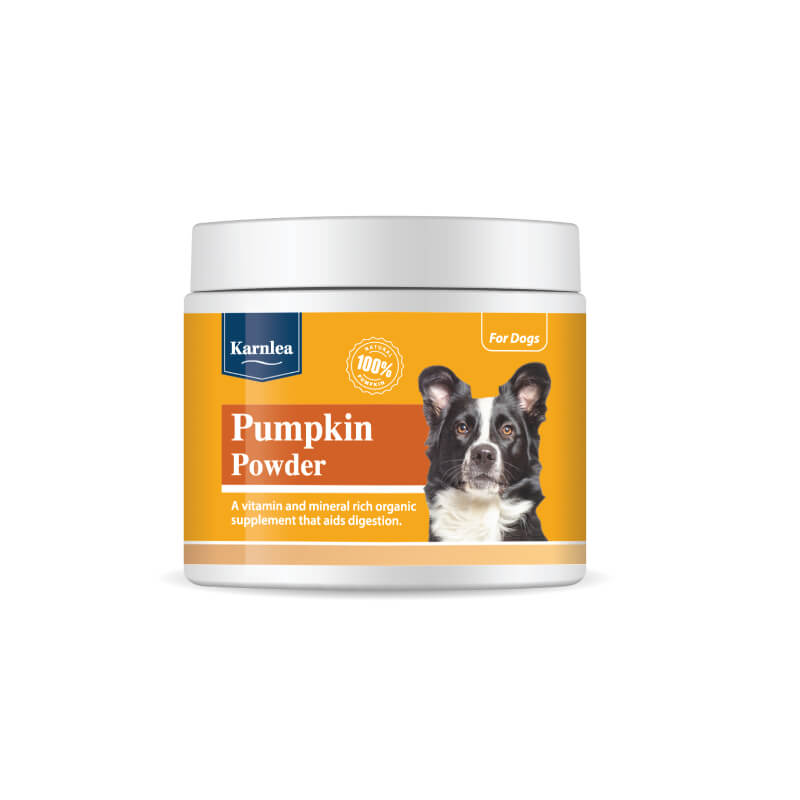 Karnlea Pumpkin Powder for Dogs 200g, natural supplement in a white container with dog on label.
