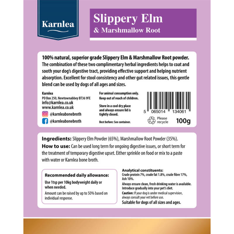 Karnlea Slippery Elm & Marshmallow Root for Dogs 100g supports digestive health.