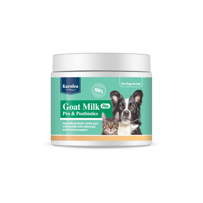 A 200g container of Karnlea Goat Milk Plus for Dogs &amp; Cats, featuring a dog and cat on the label.