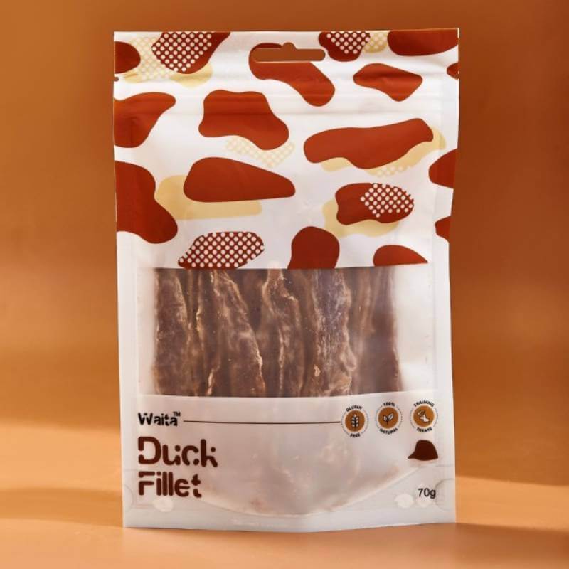 Waita Air Dried Duck Fillet Dog &amp; Cat Treats 70g with a patterned top and clear fillet window.