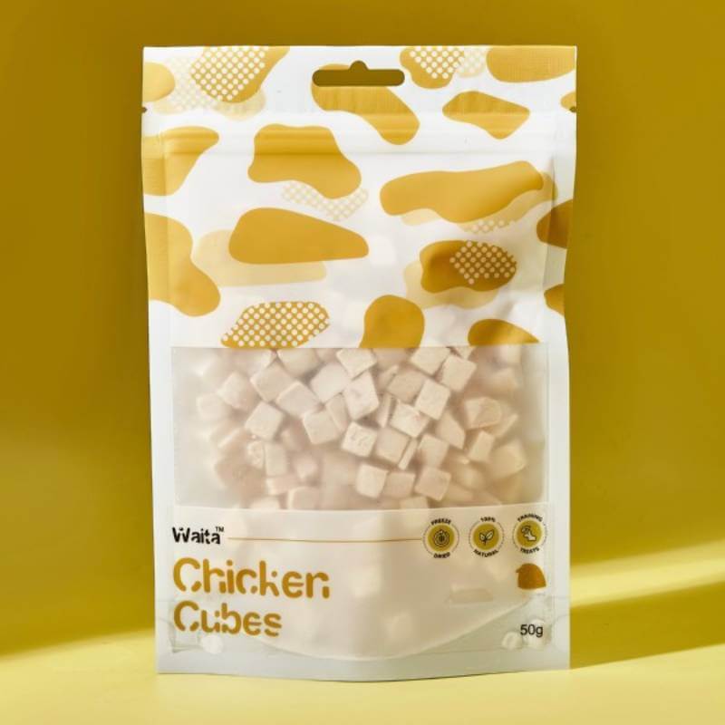 Waita Freeze Dried Chicken Cubes Dog &amp; Cat 50g—single-ingredient treat on yellow background.