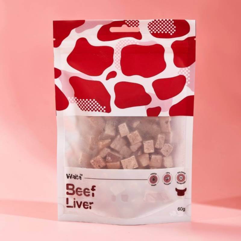 Waita Freeze Dried Beef Liver Dog &amp; Cat 60g, single-ingredient treat, on a pink background.