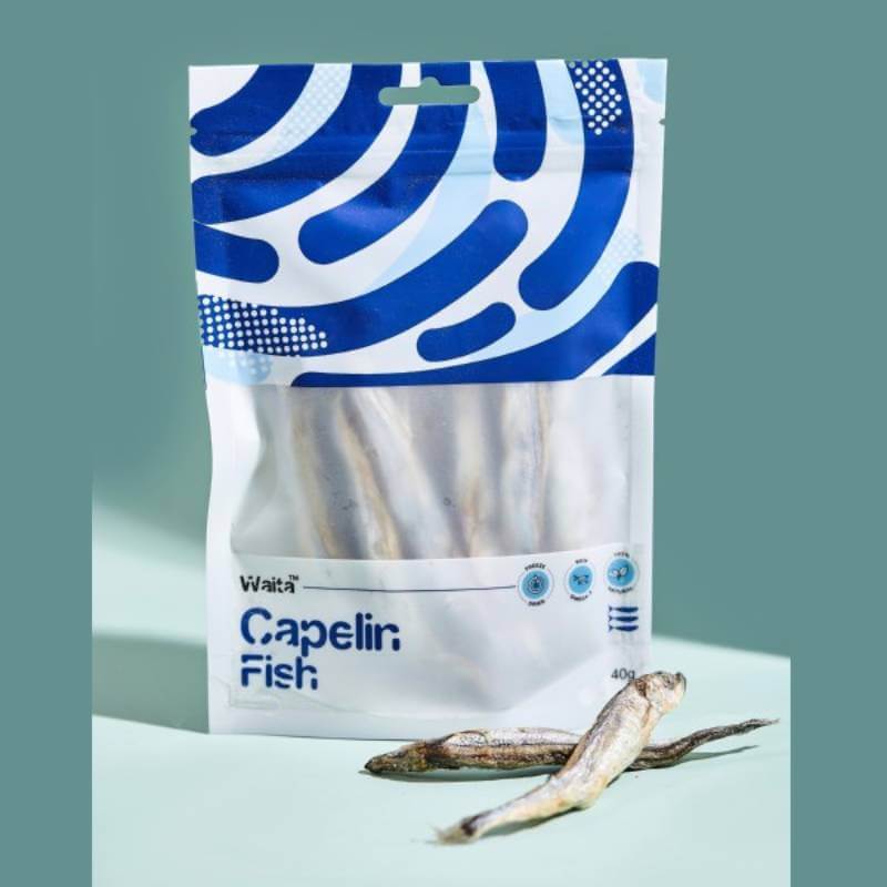 Waita Freeze Dried Capelin Fish Dog &amp; Cat 40g, a blue/white Omega-3 treat with whole dried fish.