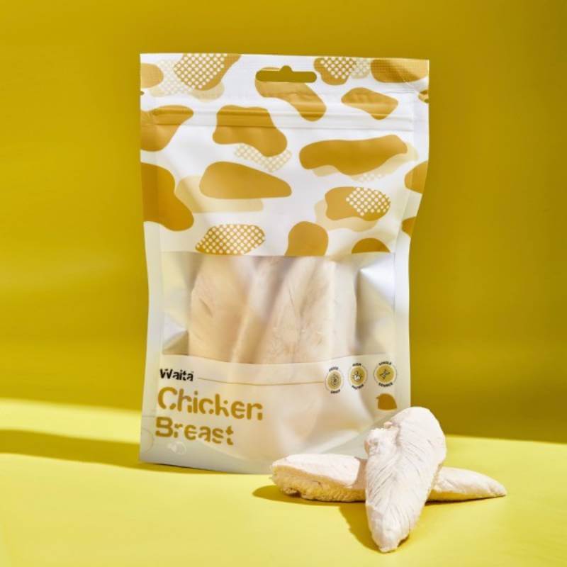Waita Freeze Dried Chicken Breast: High-protein 50g treat for dogs &amp; cats on yellow background.