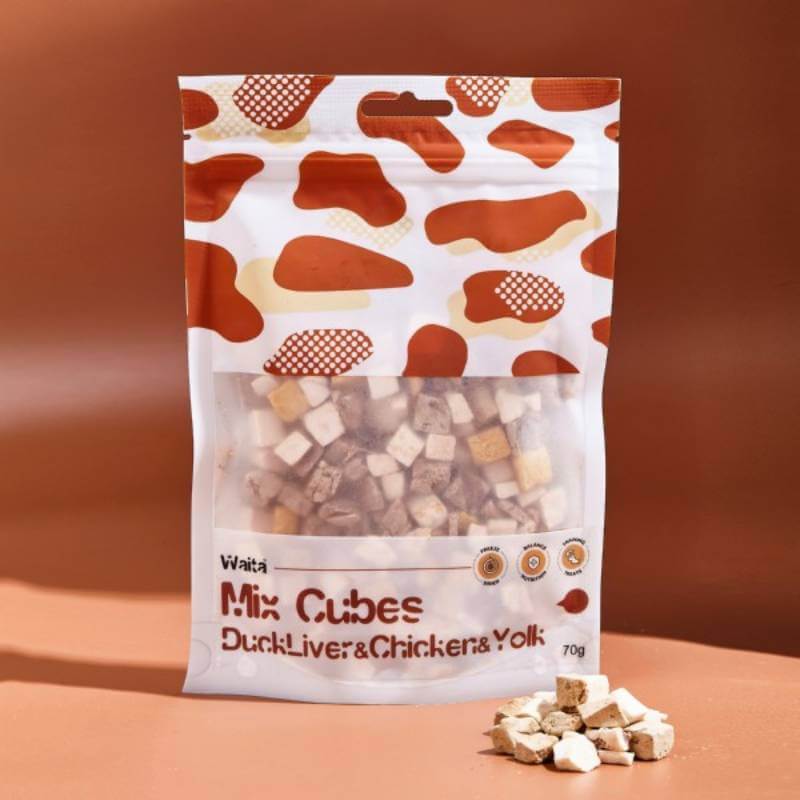 Waita Freeze Dried Mix Cubes—Duck Liver/Chicken/Yolk treats for dogs &amp; cats, 70g, some spilled.