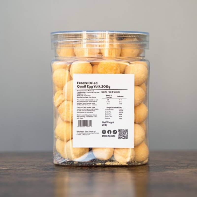 Waita Freeze Dried Quail Egg Yolk Dog &amp; Cat Tub 200g, a protein-rich treat for pets.