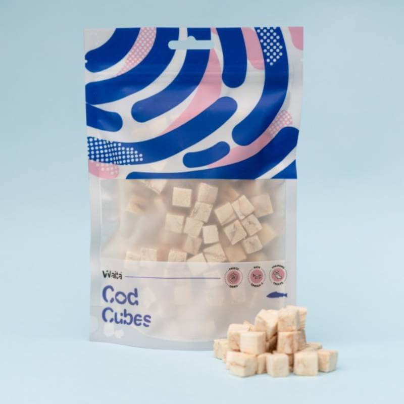 Waita Freeze Dried Cod Cubes 40g bag shown with cubes stacked on a light blue background.