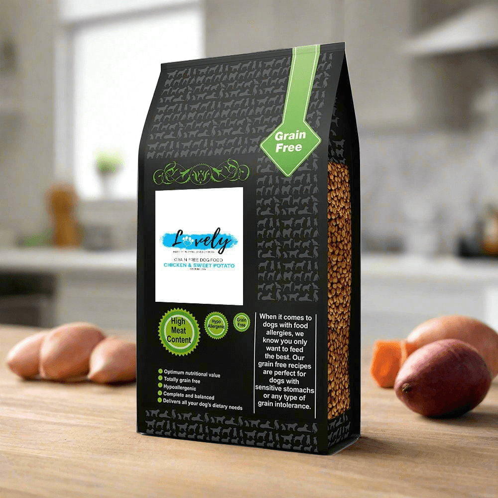 A black bag of Lovely Puppy Chicken &amp; Sweet Potato Grain Free Dog Food on a kitchen counter.