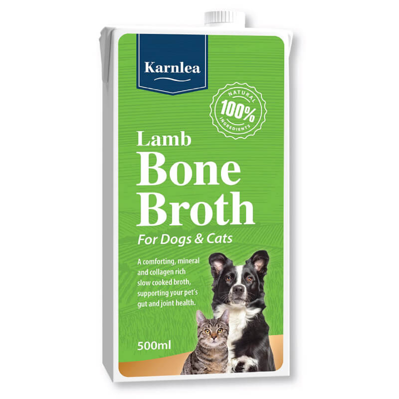 Karnlea Lamb Bone Broth for Dogs &amp; Cats, 500ml natural pet supplement in green carton.