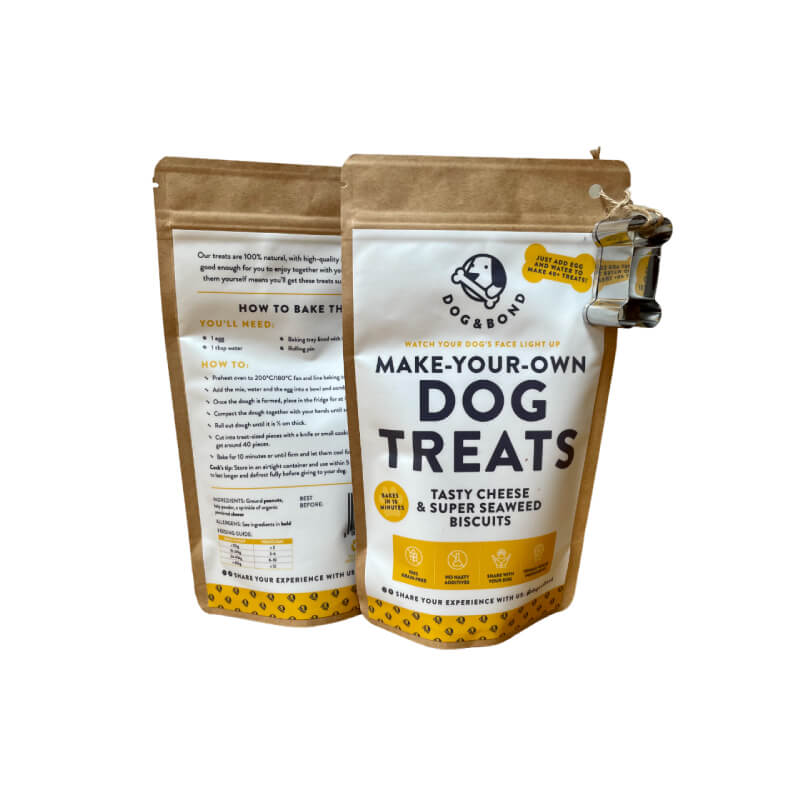 Two Dog & Bond pouches of Cheese & Seaweed Dog Treat Mix with biscuit cutter.