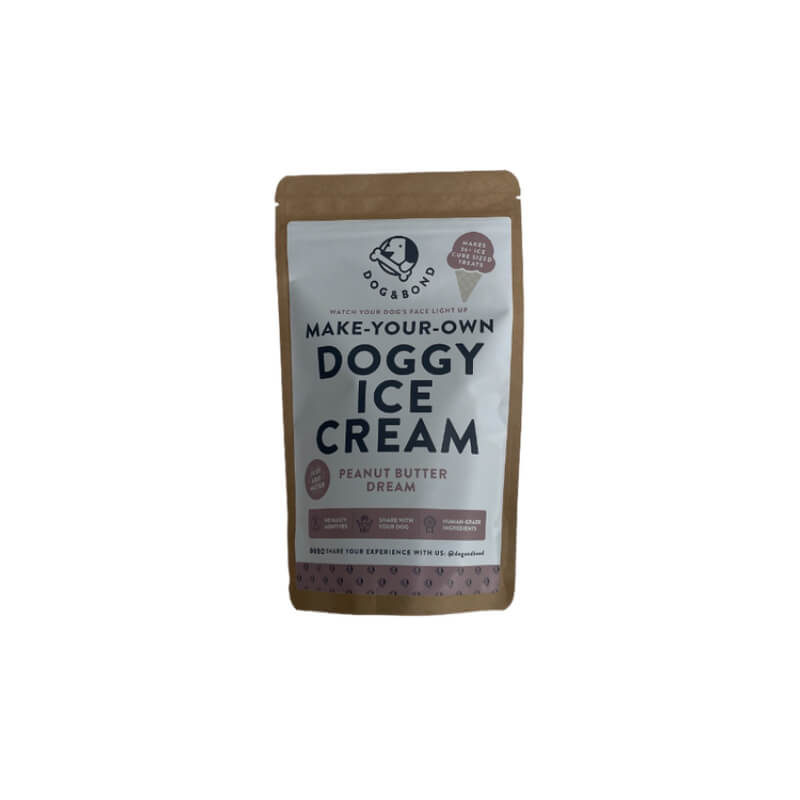 Dog &amp; Bond Doggy Ice Cream Mix, Peanut Butter Dream, brown and white pouch for dogs.