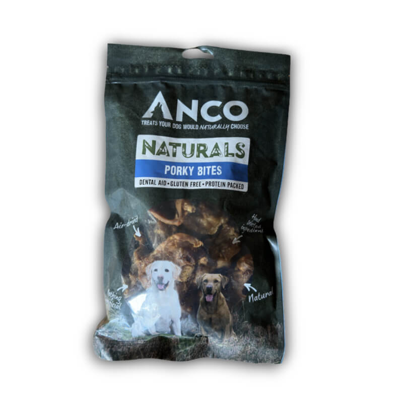 Anco Naturals Porky Bites 250g bag with two dogs on front; high protein dog chews.