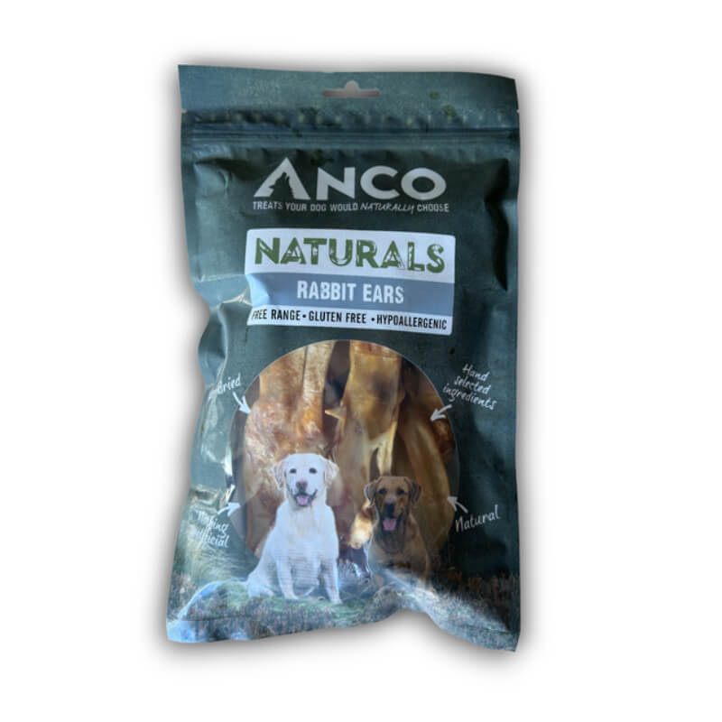 Anco Naturals Wild Rabbit Ears 100g dog treats, hypoallergenic, with two dogs on the front.