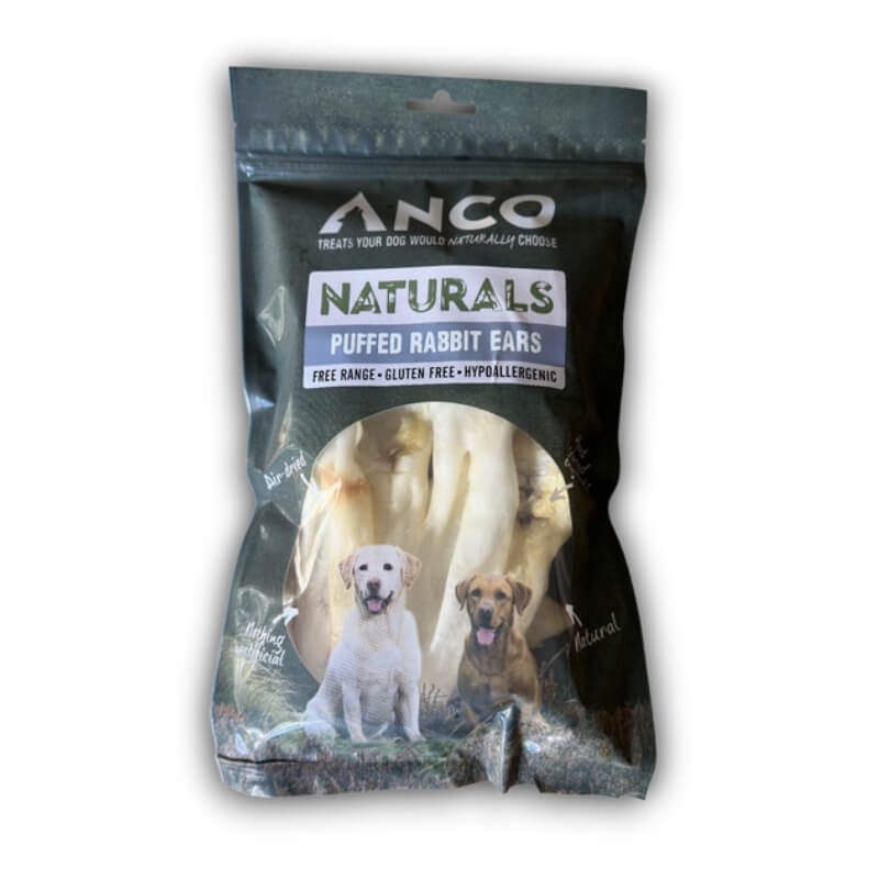 Anco Naturals Wild Rabbit Ears Puffed White 100g dog treats with two dogs on the pack.