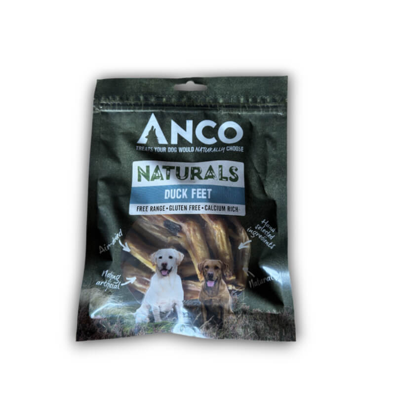 Anco Naturals Duck Feet 100g dog treats, great for joints, with two dogs pictured on pack.