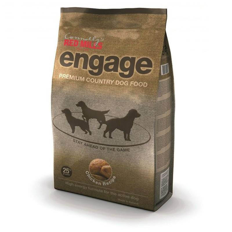 Red Mills Engage Chicken dog food with natural ingredients and chicken recipe label.