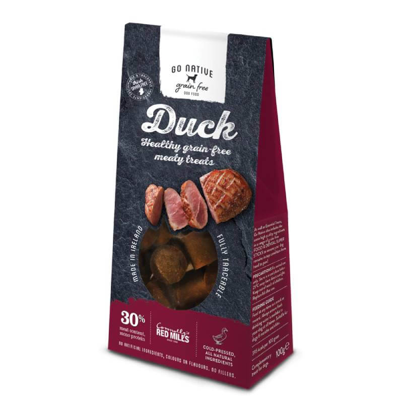 Go Native Essentials Duck 100g dog treats in a maroon and purple bag.