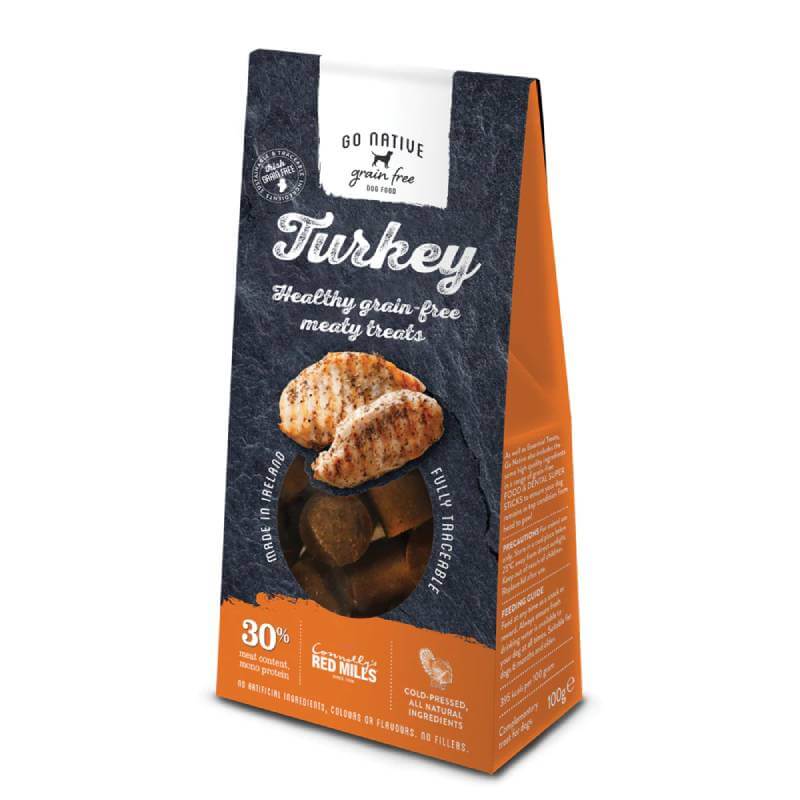 Go Native Essentials Turkey 100g—grain-free treats in an orange and brown package.