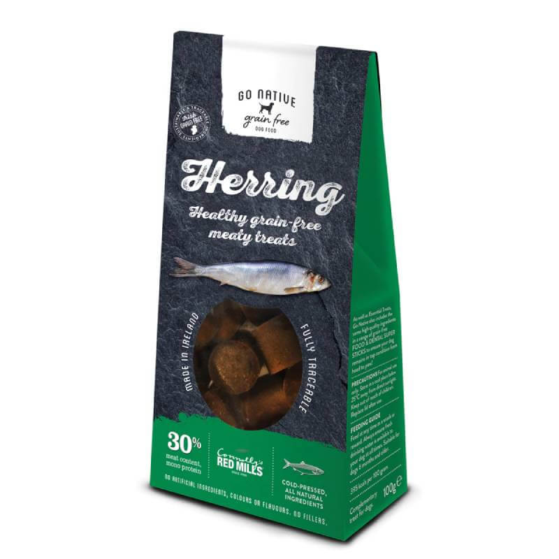 Go Native Essentials Herring 100g—grain-free meaty dog treats in a green and black bag.