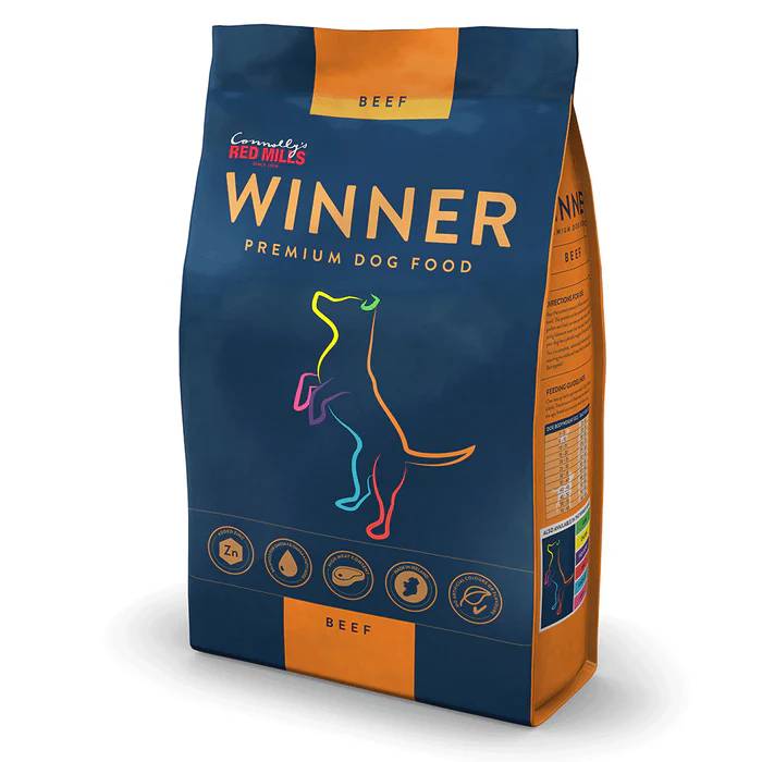 Red Mills Winner Beef Premium Dog Food, blue and orange bag with dog outline, mineral-rich.