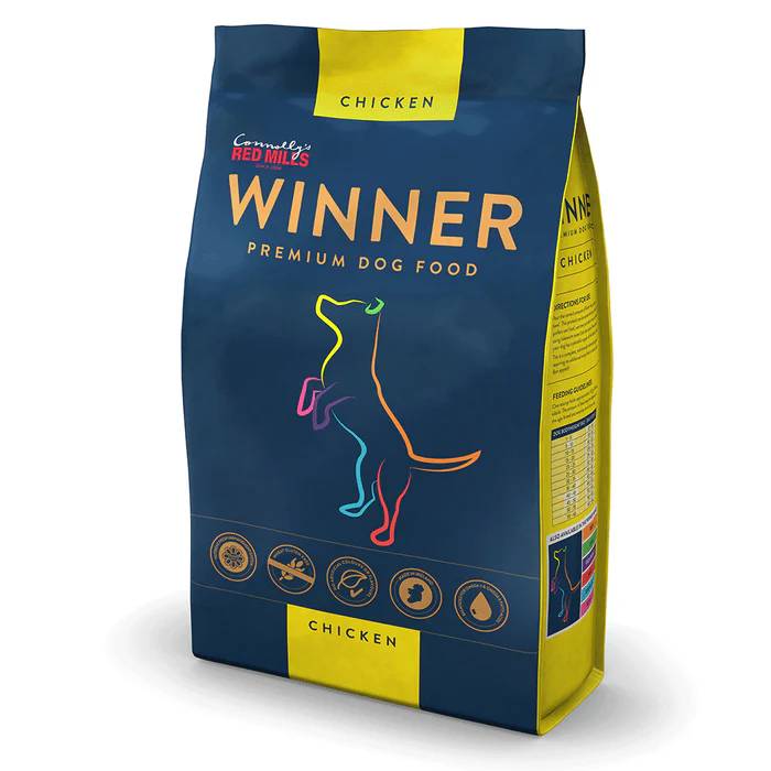 Blue &amp; yellow Winner Chicken Premium Dog Food by Red Mills, wheat gluten free.