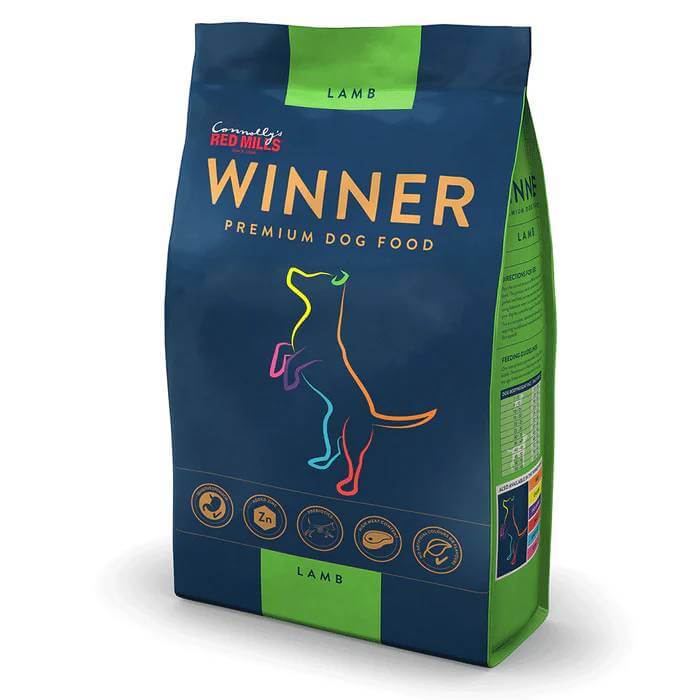 Red Mills Winner Lamb Premium Dog Food for sensitive stomachs, colorful dog outline on pack.