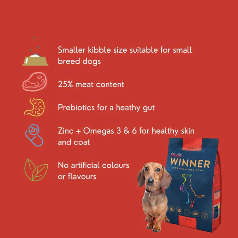 Red background with Winner Small Breed dog food, a dachshund, and Red Mills branding.