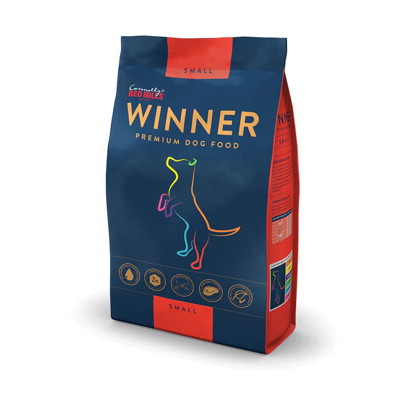 A blue and red bag of Red Mills Winner Small Breed Premium Dog Food with a dog outline.