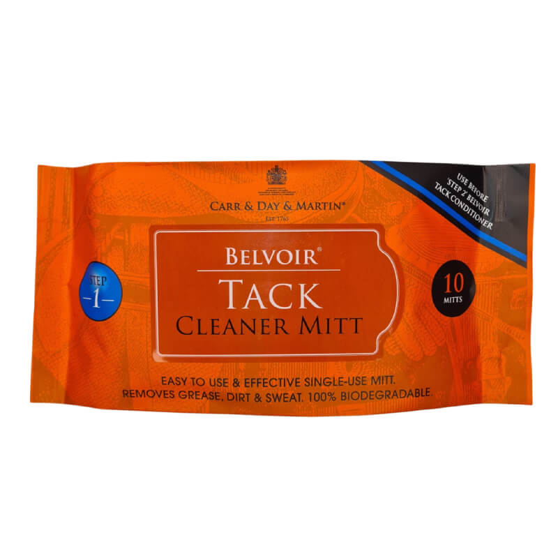 Orange packet of Carr Day Martin Belvoir Tack Cleaning Mitt, branding and details displayed.