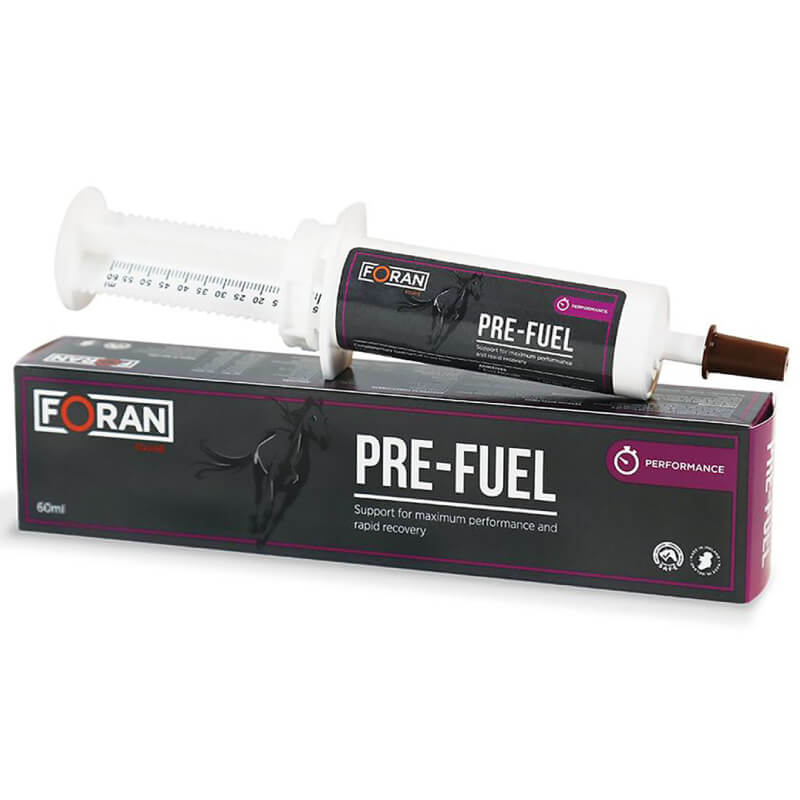 A Foran Equine Pre-Fuel Gel syringe and box, formulated for performance horses.
