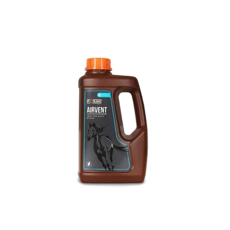 Foran Equine Airvent Liquid 2.5L, a horse respiratory supplement in a brown bottle with orange cap.