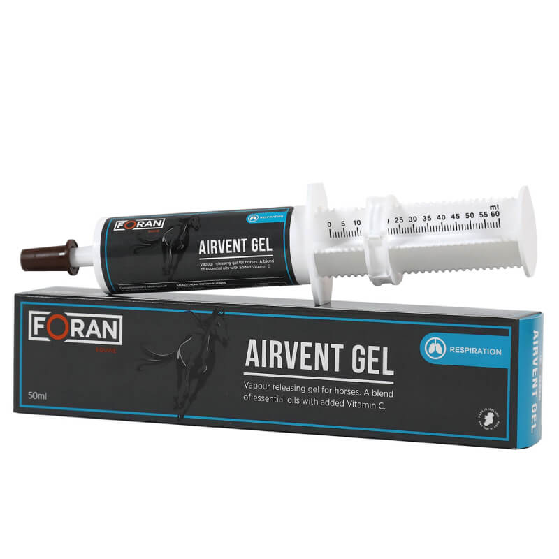 Foran Equine Airvent Gel 50ml by Foran for horse respiratory support in blue &amp; black packaging.
